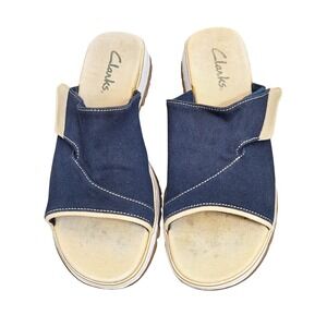 Clarks Sunbeat Navy Blue Canvas Slide Sandals Womens Size 8 M 36104 Adjustable